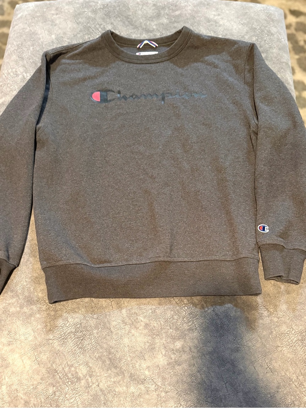 Champion Men's Crewneck Sweatshirt in Dark Charcoal with Red Logo Accent Medium